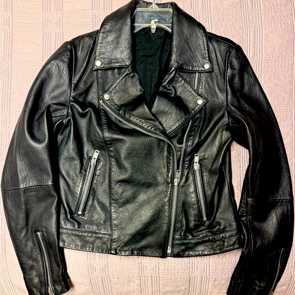 Topshop Black Leather Motorcycle Jacket with Asymmetrical Zipper